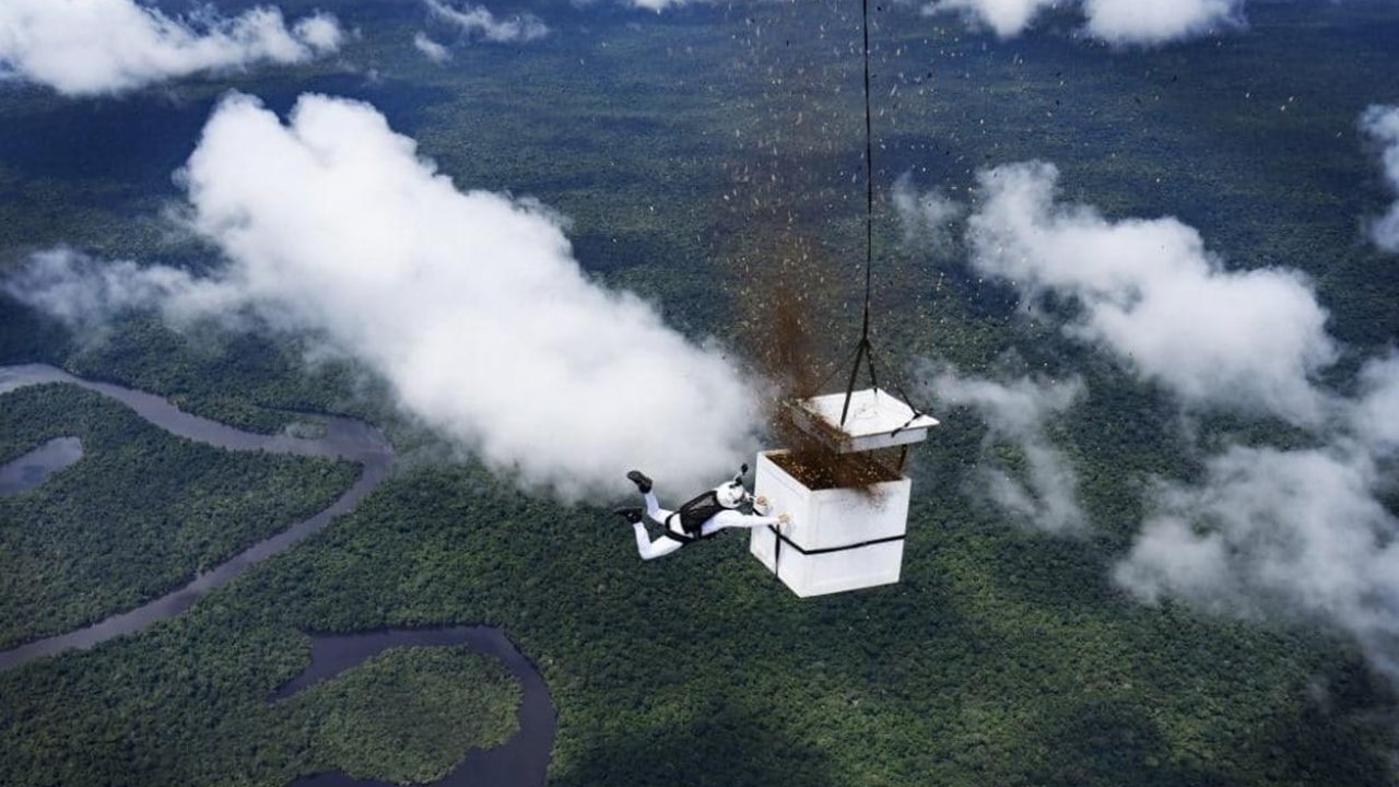 Skydiver scatters more than 100 million seeds over a deforested patch of the Amazon.